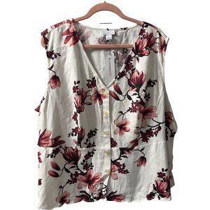 Liz Claiborne Womens 2X Linen Sleeveless Floral Button Top